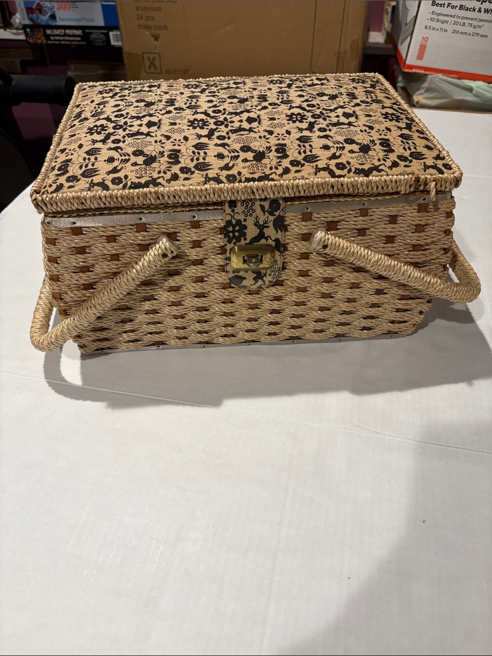 Woven Straw sewingBasket with Floral Print Lid